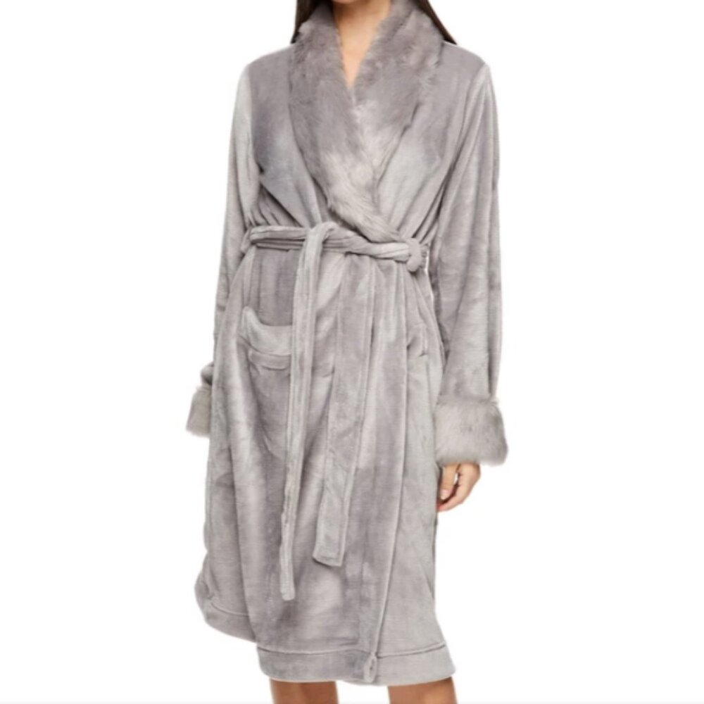 TAHARI Womens Grey Plush Velour Bathrobe with Faux Fur Trim - Large